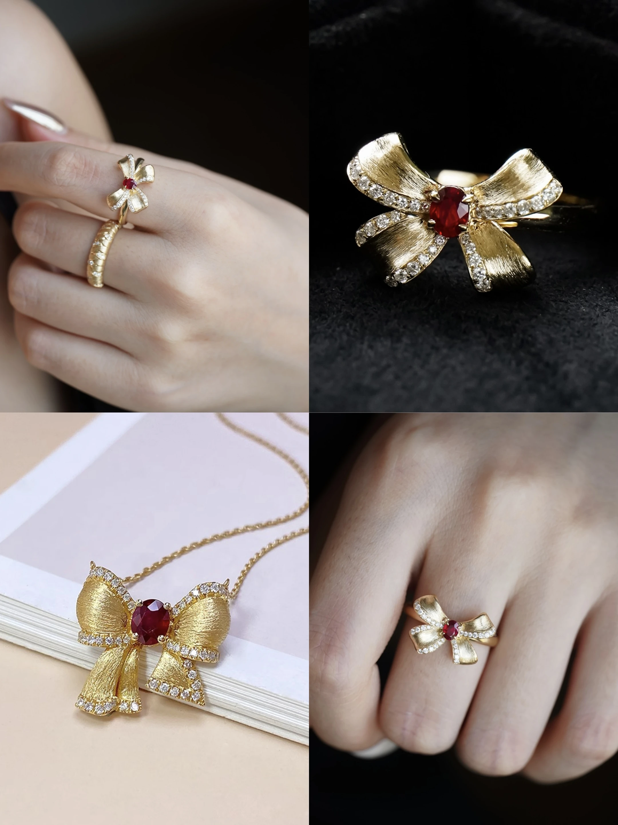 

Vintage Fashion 925 Silver Set Pegion Blood Ruby Bowknot Necklace/Ring 18K Gold Plated Brushed Butterfly Fine Jewelry Set Bijoux