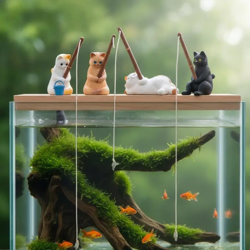 4Pcs Mini Fishing Cat Resin Figurines Adorable Kitten Statues DIY Home Ornaments for Living Room TV Stand Decor