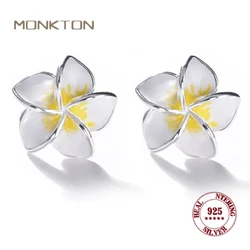 Monkton 925 Sterling Silver Stud Earrings Sweet Plumeria Creative Drop Glue Fine Jewelry for Women Flower Earring Wholesale