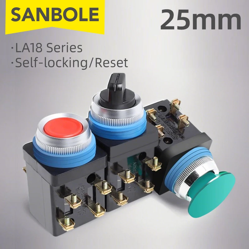Push Button Rotary Switch Knob Control Reset Momentary / Self -Locking Flat Selection 2/3P Red Green 25mm Mounting LA18-22