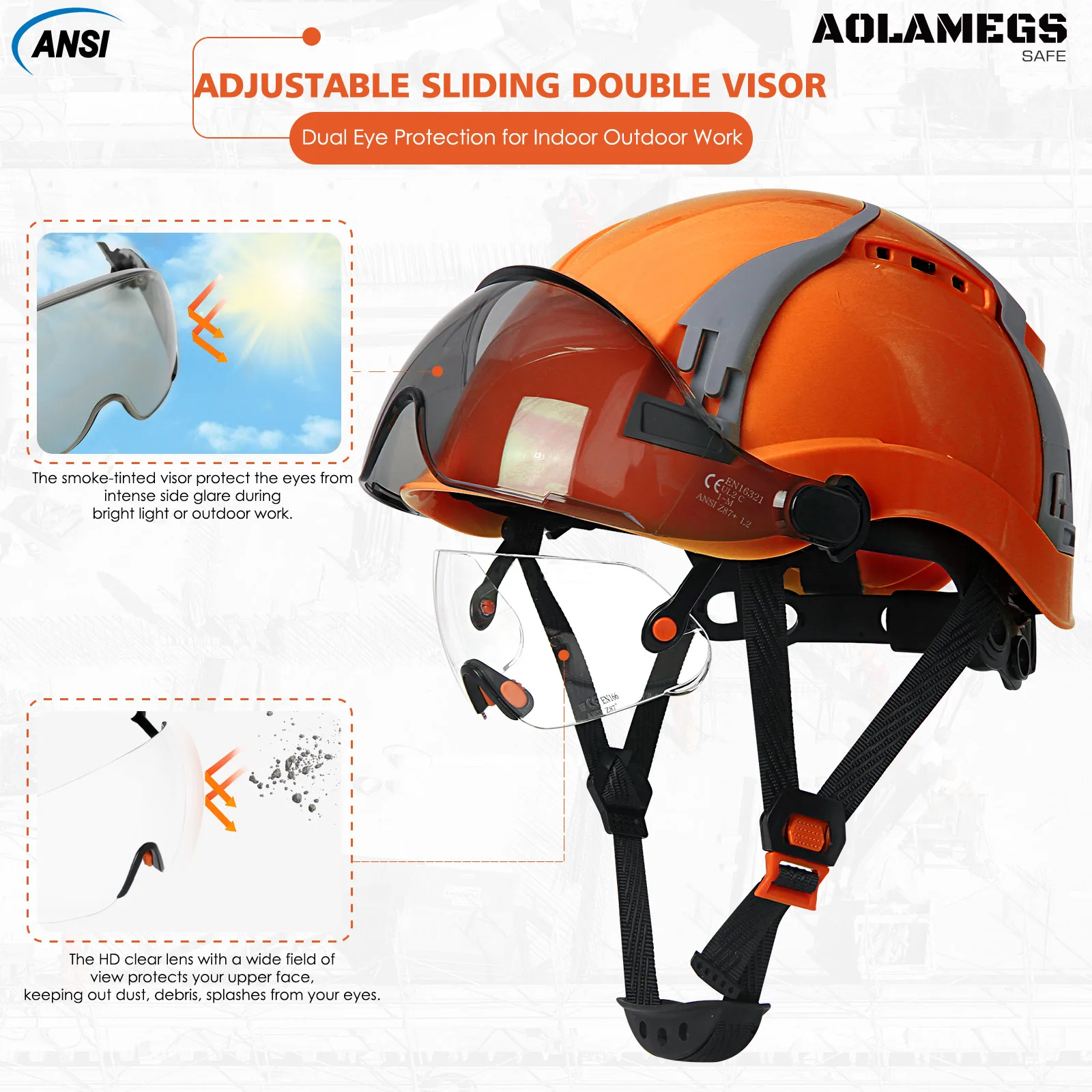 CE Safety Helmet w/ Double Goggles Adjustable Multiway Vent Slots ABS Construction Hard Hat Engineer Industrial Work Hat ANSI