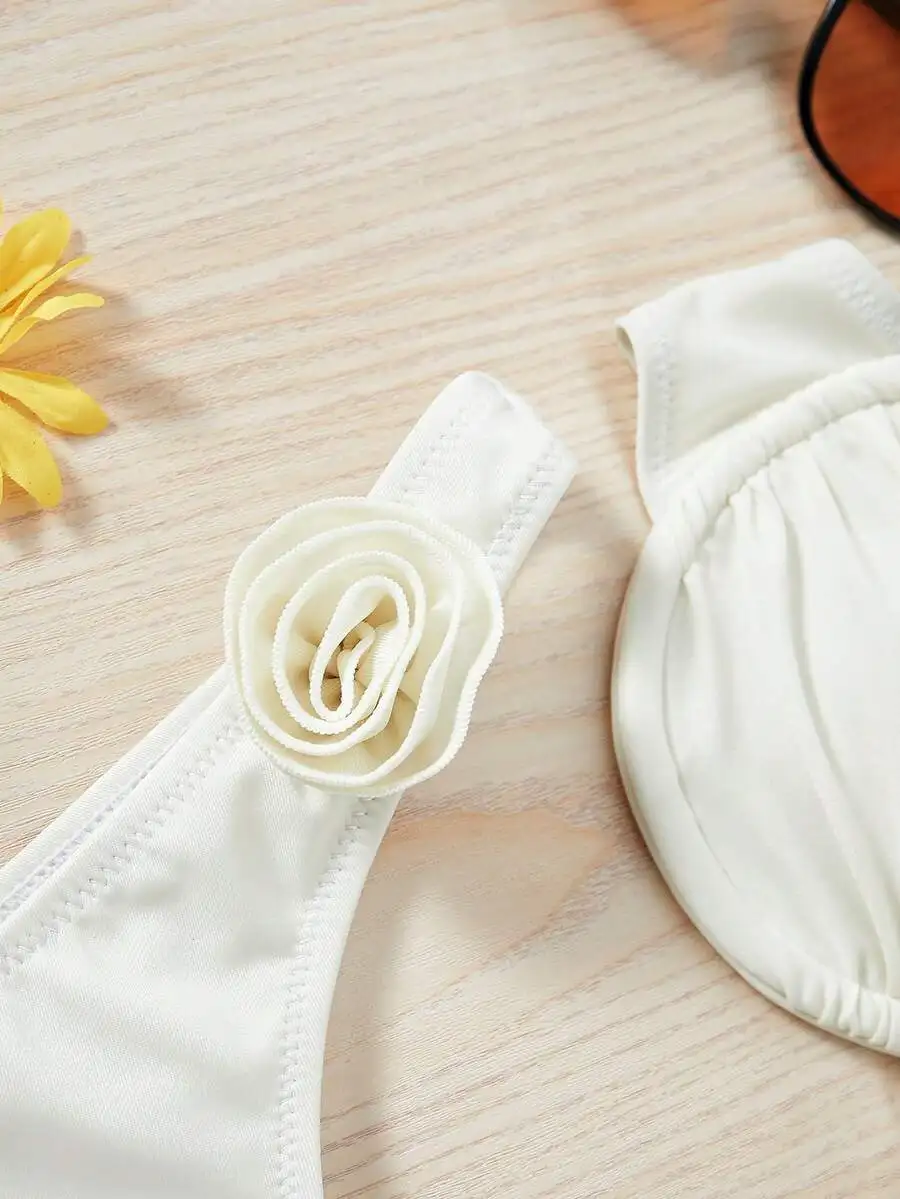 Bikinx Women's Solid Color Underwire Bikini Three-Dimensional Flower Sexy Split Bikini For Beach Vocation Summer