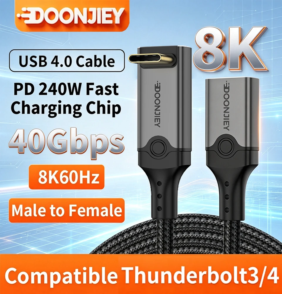 DOONJIEY Right Angle Thunderbolt4 USB4 Cable 90 Degree Elbow 8K 240W Fast Charging 40Gbps Data Sync USB Cord All Directions