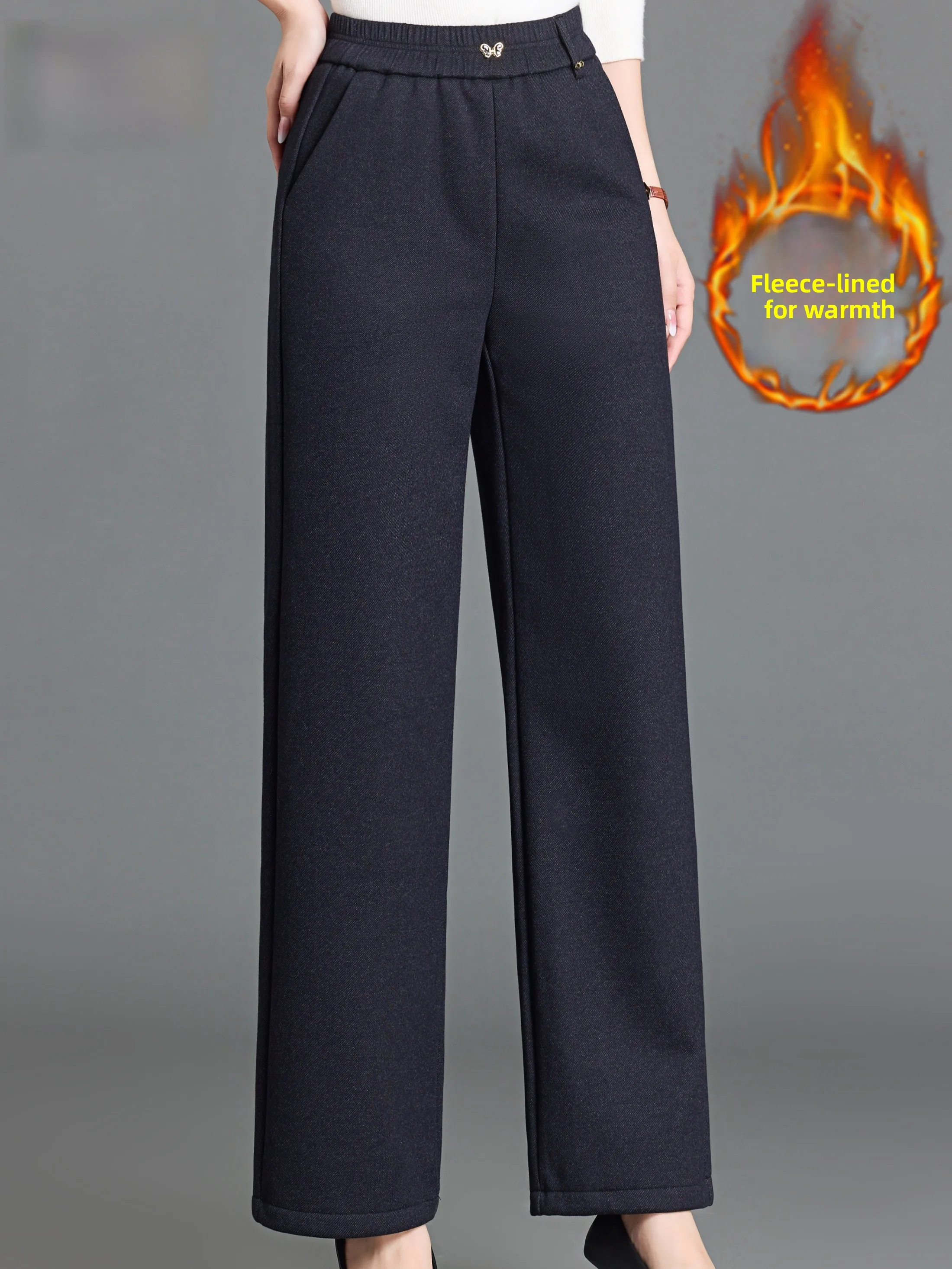 

Faionable осенне-зимние широкие брюки на подкладке с высокой талией, прямые шерстяные брюки для женщин, мама, сле