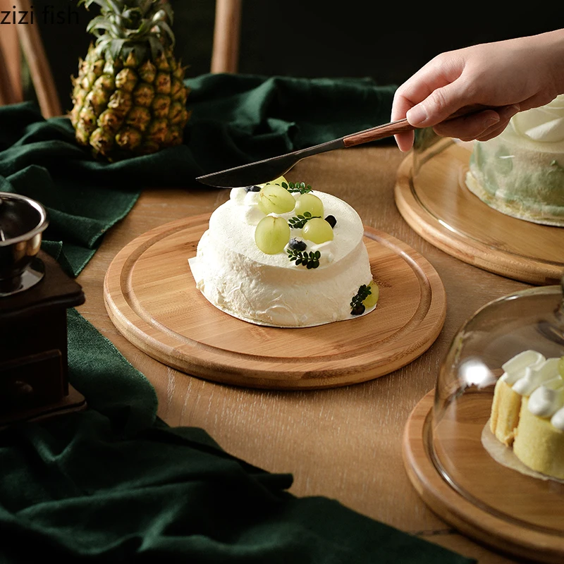 Bolo de madeira simples stands cobertura de vidro pão pastelaria sobremesa placa de cozinha em casa ferramentas bolo frutas placa de exibição lanche sobremesa bandejas