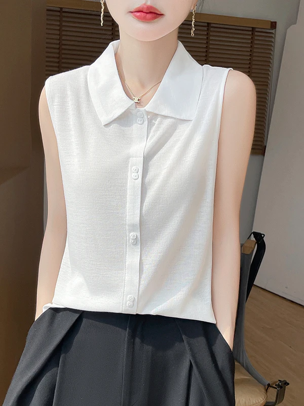 

Spring Summer Svel Collar Knitted Vest White Suit Base irt Women's High-End Feelings Commute Sle Loose Fit
