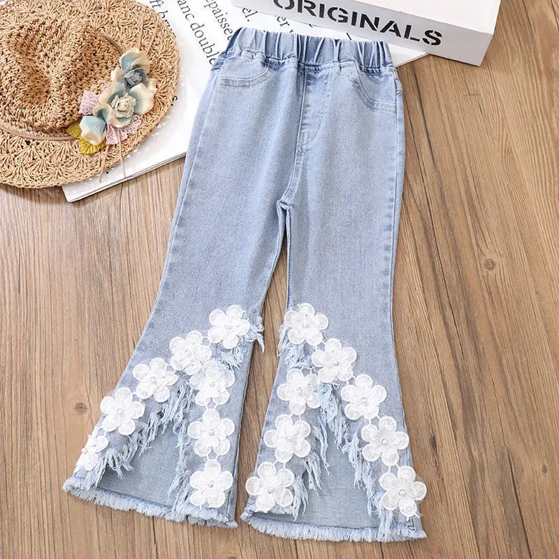 Girls Suits Spring and Autumn Children\'s New Lace Long-sleeved Shirt Pants Two-piece Set Teenage Girls Jeans Suit 3 5 8 10 13Y