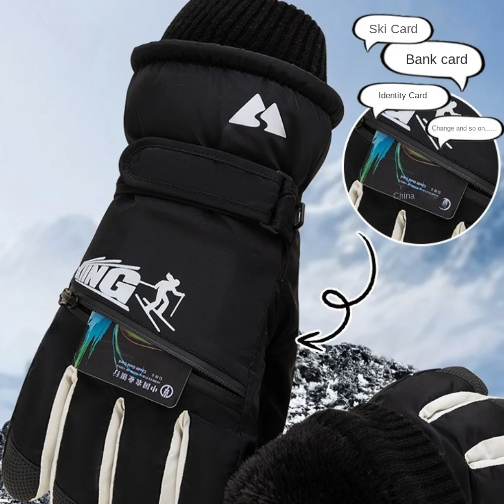 Gants de ski en peluche pour hommes et femmes, écran tactile, doigt complet, lanière anti-perte, épais, chaud, neige, mode