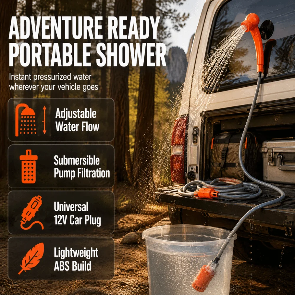 Portable 12V Camping Shower Adjustable Water Output Easy Install Handheld Showerhead Kit Car Plug Washer Pet Bathing