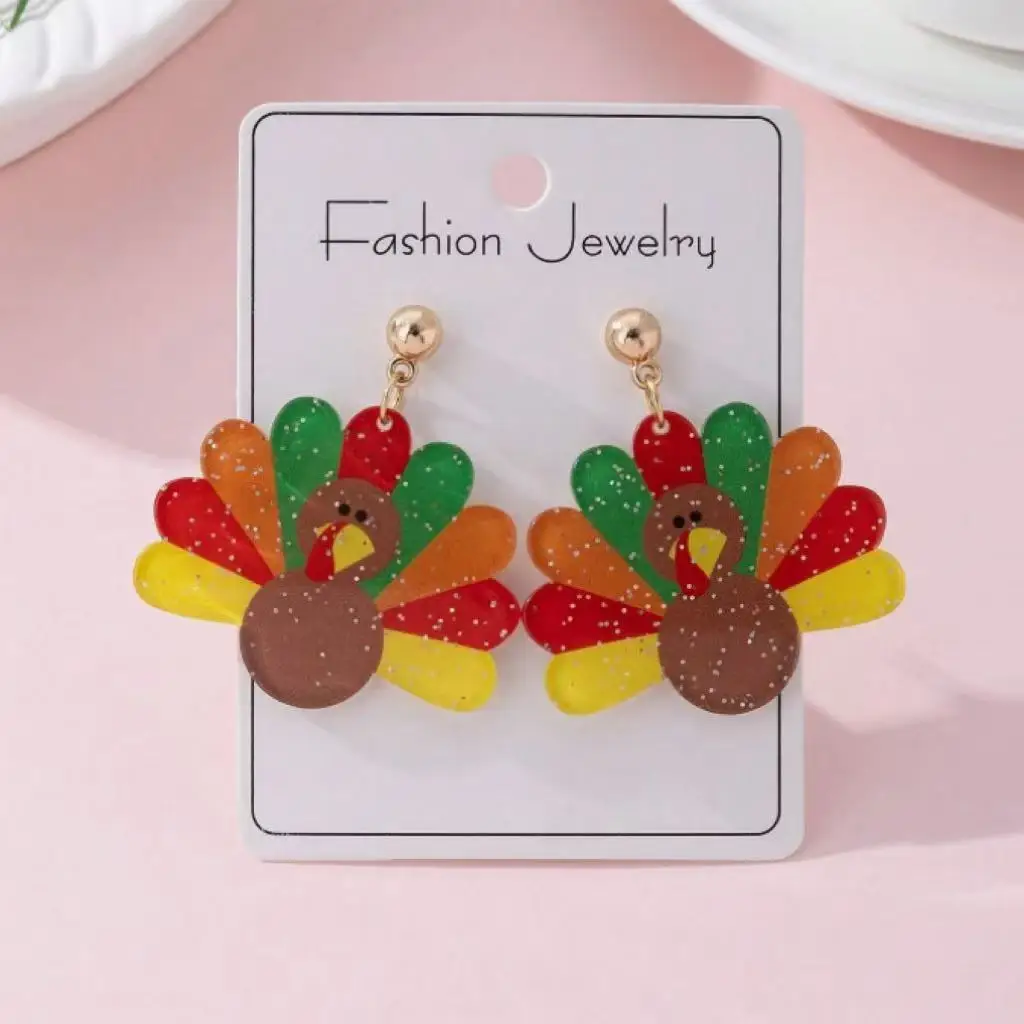 أقراط تركية بوهيمية - أقراط متدلية من الأكريليك على شكل تركيا اللطيفة لحفلات عيد الشكر، هدية جوهرة عيد الميلاد في ديسمبر