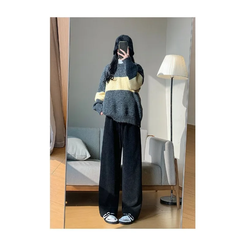 

Осенние широкие брюки с узором «елочка» для женщин, прямые спортивные повседневные брюки с высокой талией