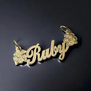 Personalized Handmade Name Pendant Custom Name charm with Flowers Personalized Deeply Engraved Name Neckalce Gift for Her