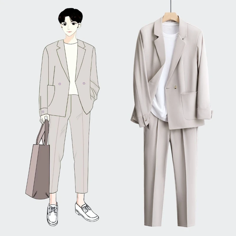 Men's Premium Loose Fit Blazer Set Korean Style Flowy Fabric Casual Suit Autumn Winter Streetwear Outerwear