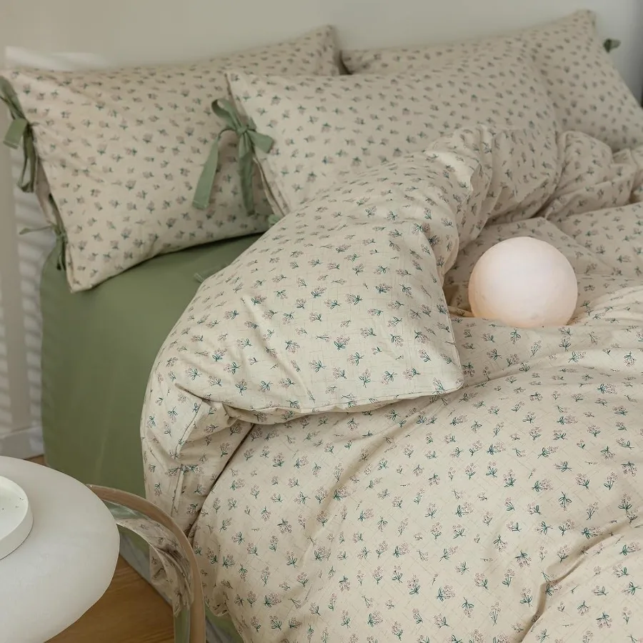 

Country Style Duvet Cover Twin Size Cottagecore Green Floral Vintage Bedding 3PC with Bow Ties Pillowcases 100 Cotton Soft Aest