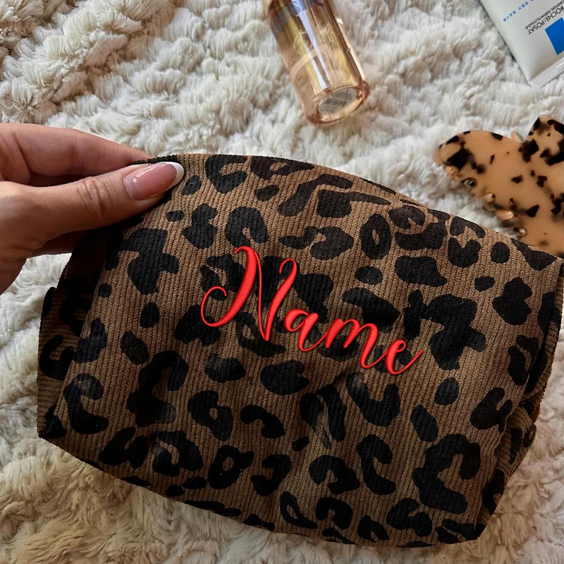 Embroidery Name Custom Leopard Makeup Bag Embroidered Animal Print Leopard Bags Cheetah Print Vintage Travel Storage Bags