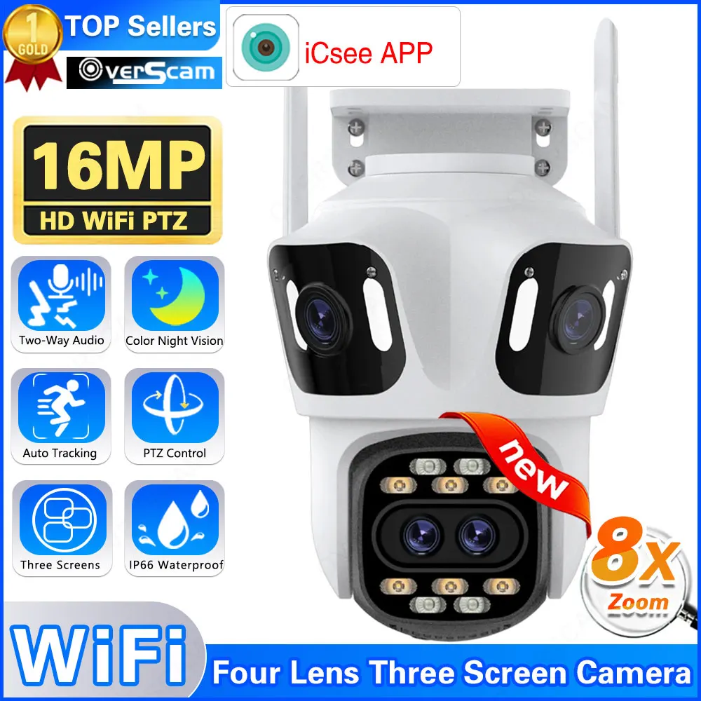 

Four Lens 8X Hybrid Zoom Outdoor WiFi Surveillance Camera Auto Tracking PTZ IP Camera Human Detection CCTV Security Camera ICSee