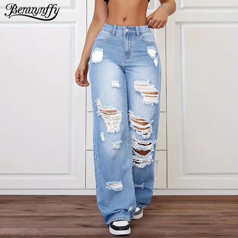 

Benuynffy, мешковатые рваные джинсы с высокой талией, женская уличная одежда, стильные универсальные прямые джинсовые брюки в стиле Bf, женские новые