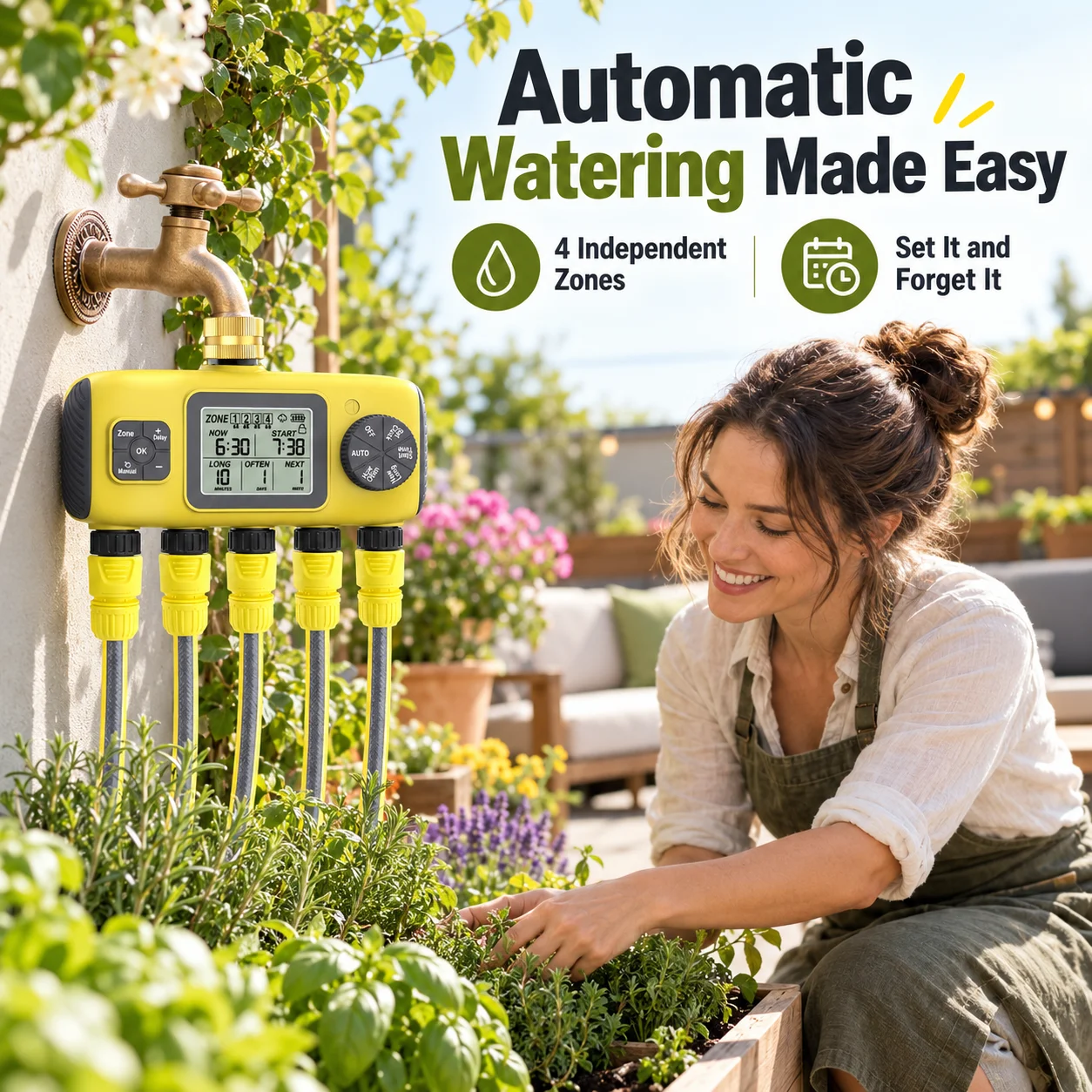 AOLIVIYA 4 Zone Water Timer Programmable Sprinkler Controller Automatic Garden Irrigation Timer Outdoor Hose Faucet Rain Delay