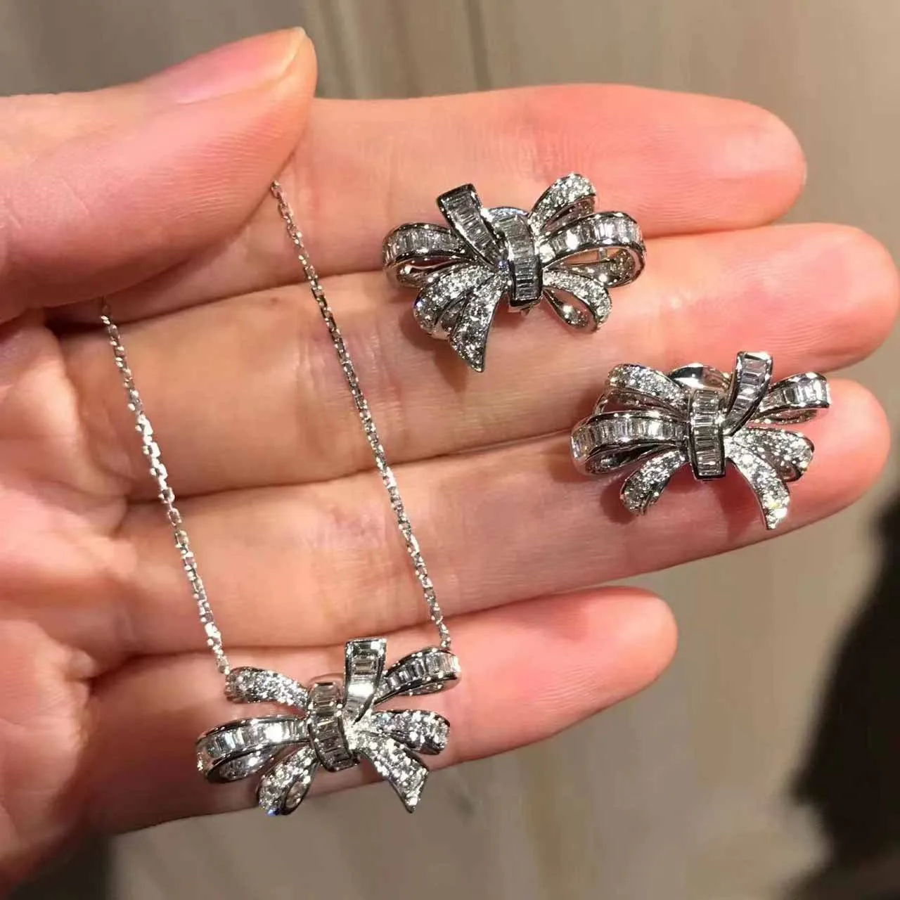 Temperament Female Bowknot Full AAA Zircon 2 Pieces Jewelry Sets Elegant Birthday Cocktail 925 Silver Pendant Necklace Earrings
