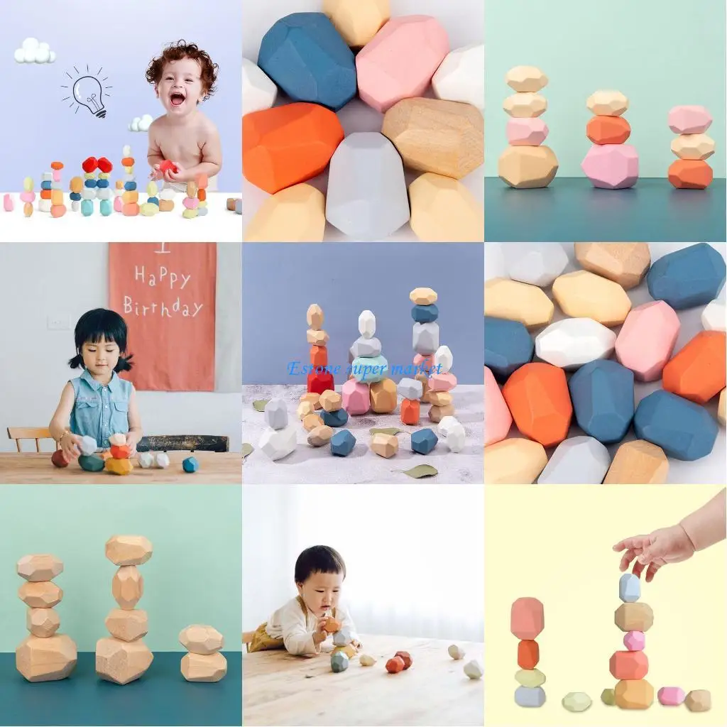 090B 36 ชิ้นเด็กไม้สีหินซ้อนเกมอาคารบล็อกเด็กสำหรับของเล่นเพื่อการศึกษาที่สร้างสรรค์