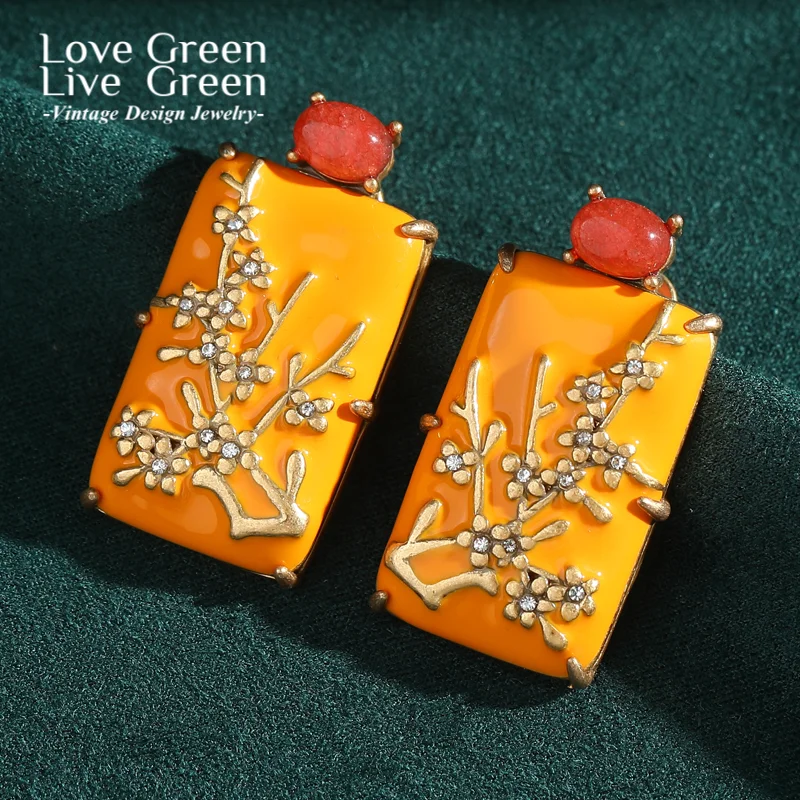 

Vintage Yellow Stone Earrings Plum Blossom Large Carve Rectangle Flower Jewelry Halloween Accessories Wedding 2025 Trendy New