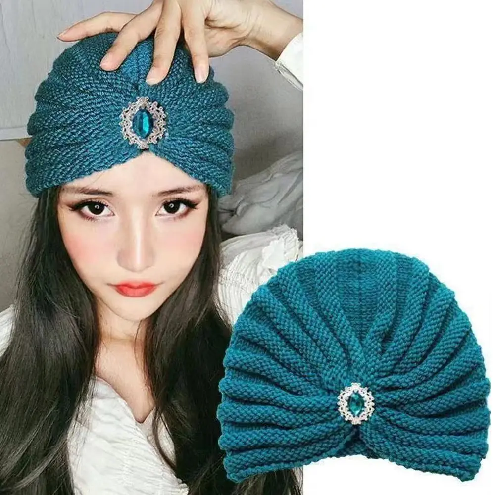 Fashion Winter Warm Hijab Caps Soft Thick Bohemia Turban Diamond Jewelry Wool Knitting Knitted Hats for Women