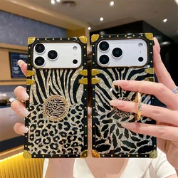 Luxury Leopard Gold Plating Case for iPhone 17 Pro Max/16/15/14/13/12/11/XR/8 Plus Glitter Diamond Ring Stand Cover Funda 17