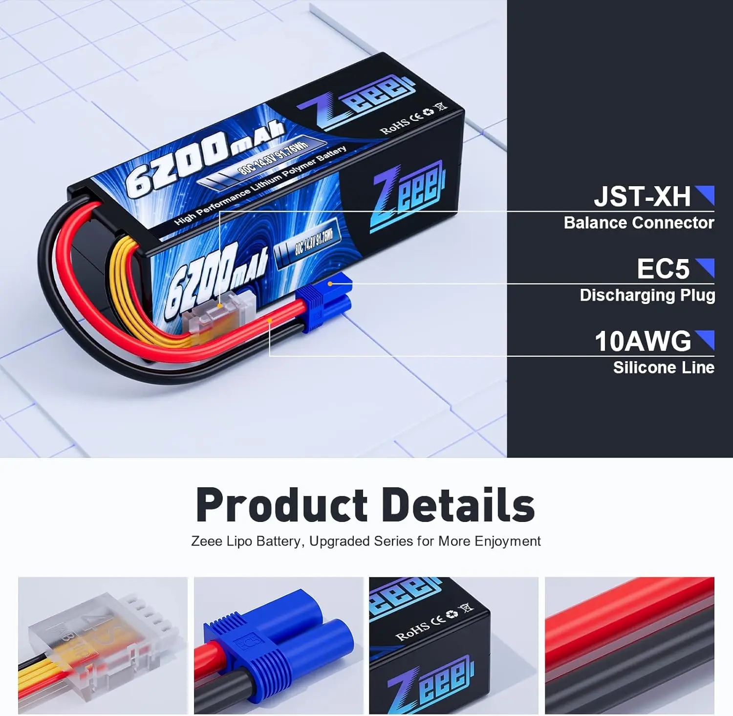 Zeee 4S 6200mAh Lipo Battery for RC Car 14.8V 80C Hardcase with EC5 Plug for FPV Drone Buggy Truggy Racing Hobby RC Model Parts