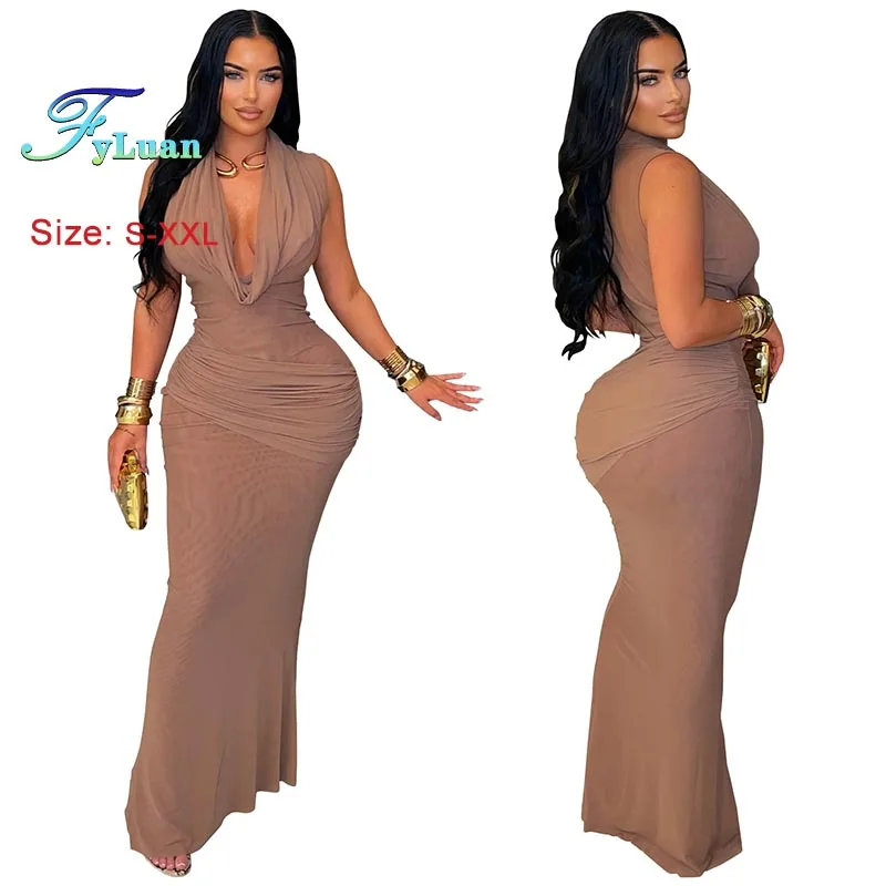 2025 neue Mode Damenbekleidung, figurbetontes Kleid, Temperament, ärmellos, tiefer V-Ausschnitt, langes Kleid, Schwarz, sexy Abendkleidung