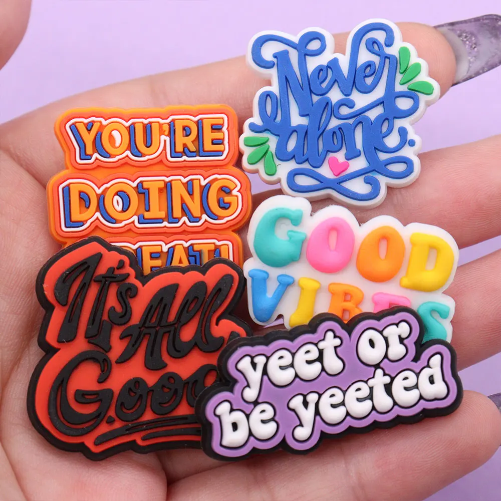 1-16Pcs PVC Good Vibes Be Happy Cute Kids English Phrases Sandals Shoe Buckle Charms for Phone Case Decoration DIY Party Present