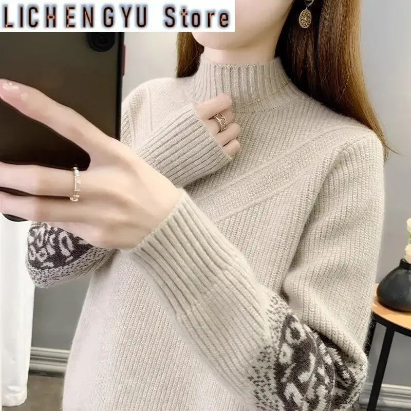 Women's Clothing Autumn Winter Half High Collar Pullover Lantern Long Sleeve Sweater Knitted Geometric Screw Thread Elegant Tops