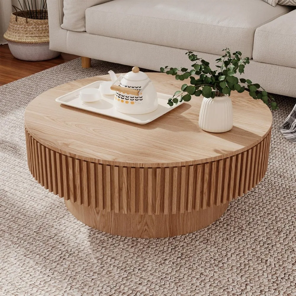 

Oak 31.5 Round Modern Coffee Table with Storage, Solid Wood Drum Coffee Table Circle Fluted Accent Side Table for Apartment