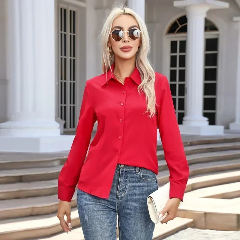 Plus Size Red Shirt Women Fashion Business Shirts Office Lady Long Sleeve Blouse Slim Women Clothing Button Up Shirt Ladies Tops