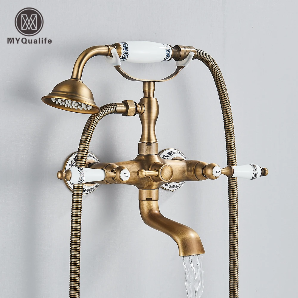 Robinet de baignoire-douche en laiton Antique, Style téléphone, pulvérisation en cuivre, robinet d'eau chaude et froide mural, système de douche de salle de bains
