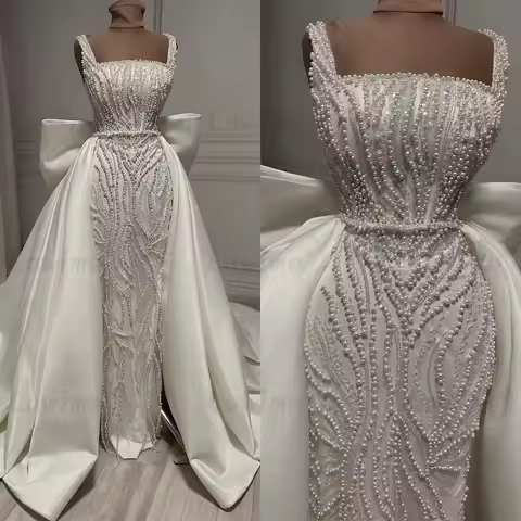 Elegant Beaded Pearls Evening Dress Customized Two Piece Long Prom Dress With Overskirt Satin Bow Ivory White Wedding Party Gown