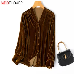 Women Silk Velvet Shirt 100% Mulberry Silk Lining Vintage Coffee Blouse Top V Neck Loose Type Long Sleeve M L XL M1219