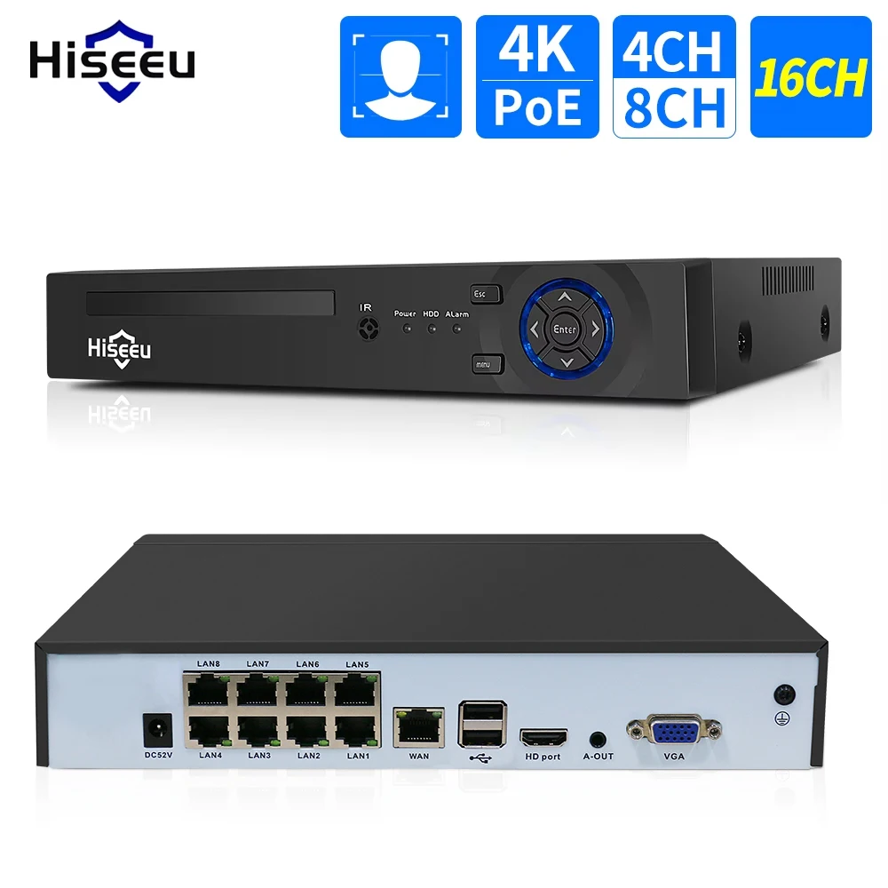 Hiseeu 4CH 10CH 16CH 4K 8MP 5MP POE NVR do POE IP CCTV Zestaw systemu kamer monitorujących H.265+ CCTV NVR Nagrywanie audio-wideo ONVIF