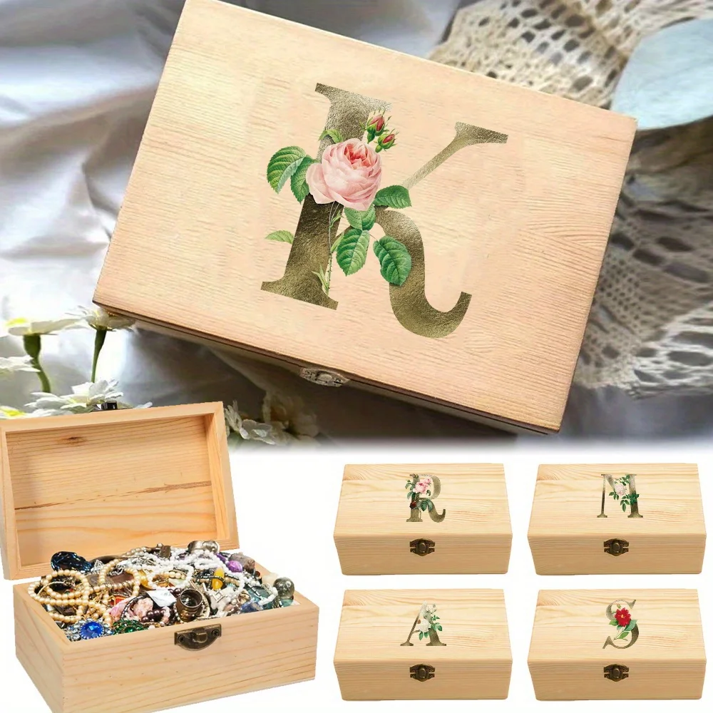 

Fashion Wooden Key Storage Box with Hinged Lid Product Display Case Holiday Gift Desktop Accessories Golden Flower Pattern