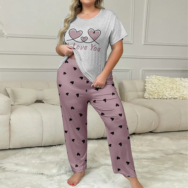 

XL-5XL Женский пижамный комплект больших размеров из 2 предметов, одежда для сна с принтом сердца, футболка с короткими рукавами и брюки, комплект Cuasal, свободная одежда для дома