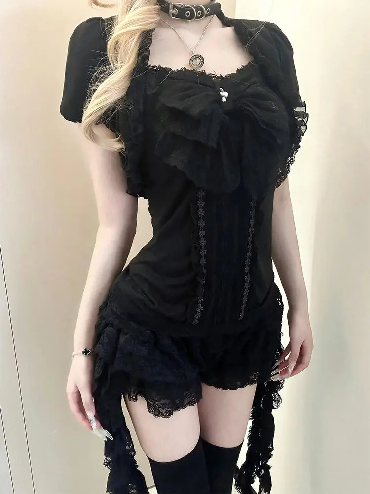 

Summer New Vintage Slim Gothic 3-piece Set Women Hot Chick Y2k Design Bow Short Sleeve Suit Hepburn Chic Darkly Short Pants Set