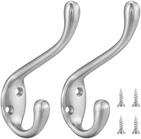 

Heavy Duty 5-Pack Brushed Nickel Double Coat Hooks for Wall or Door - Sturdy Hanging Hooks for Clothes & Towels