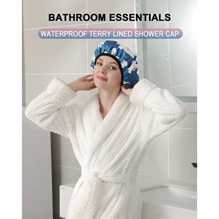 Terry Lined Shower Cap, Triple Layer Large Cap for Women, Shower Cap Reusable Waterproof, Long Thick Hair