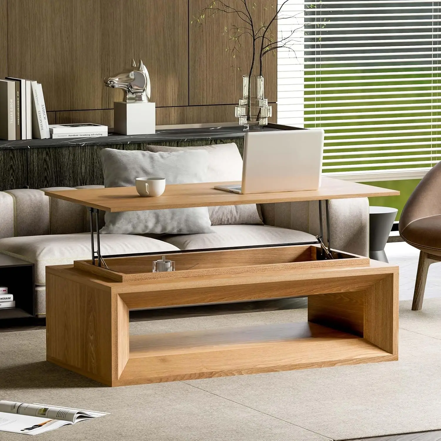 Solid Wood Veneer Lift Coffee Table Modern Living Room Storage, Customized