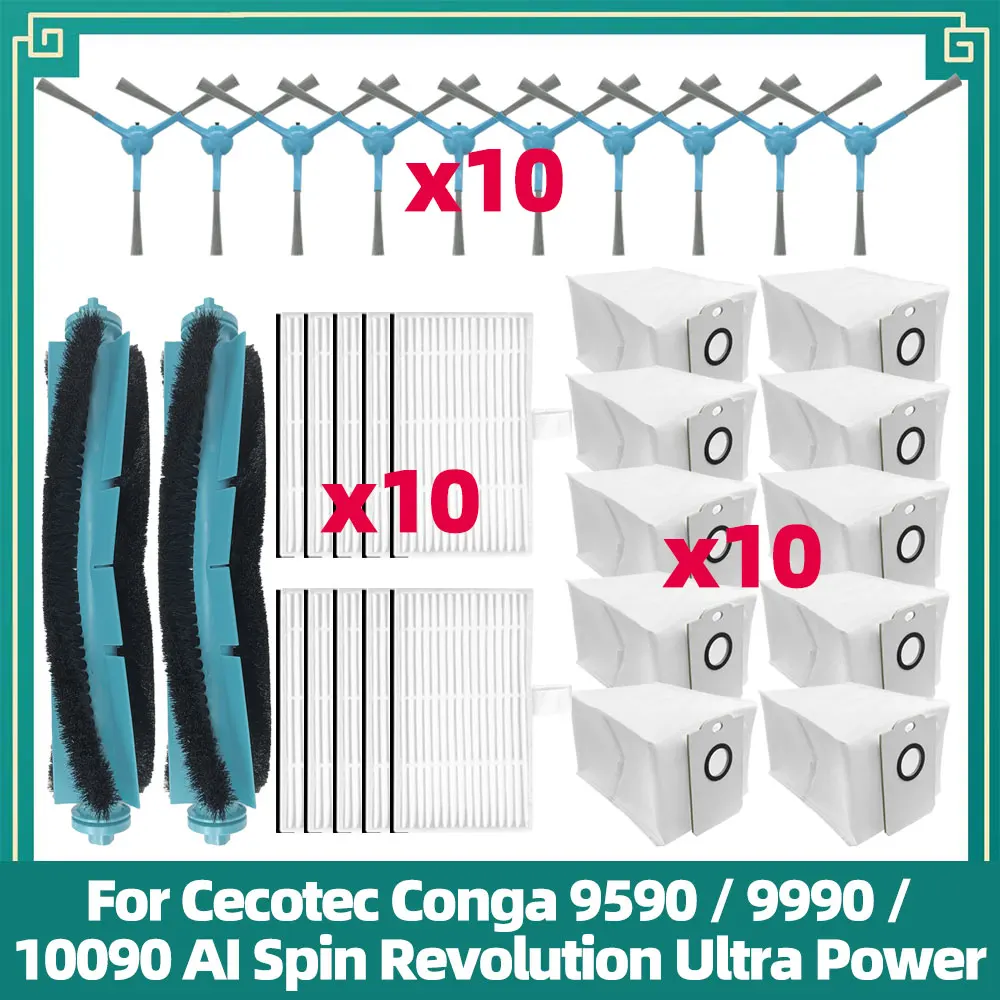 Fit For Cecotec Conga 9590 / 9990 / 10090 AI Spin Revolution Ultra Power Home Replacement Kits Main Side Brush Filter Dust Bag