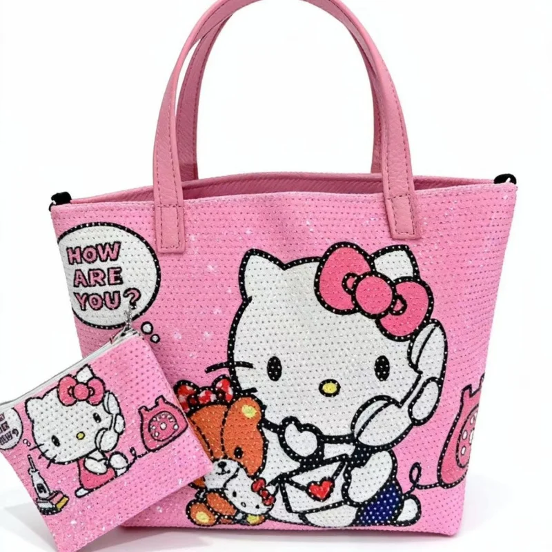 

Pink and cuteKITTYCanvas Full Diamond Print Women's Hot Style Casual Fashion Cartoon Shoulder Handheld Tote Bag