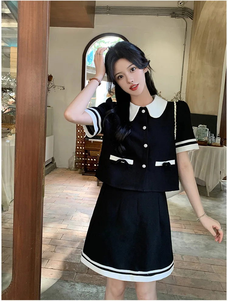 New Korea Elegant Two Piece Black Sets Sweet Peter Pan Collar Top + A Line Midi Skirts Suit Retro Summer Lovely Bow Party Outfit