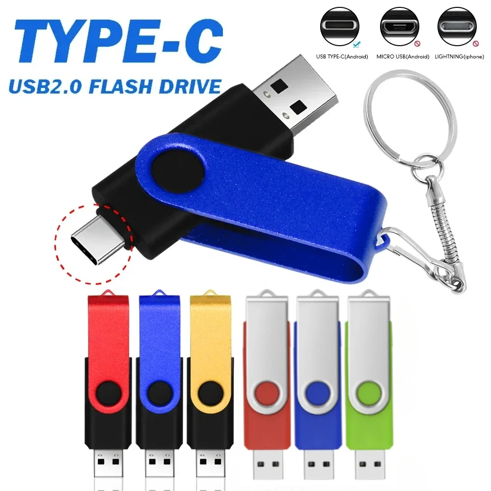 Высокоскоростной флэш-накопитель TYPE-C USB 2.0, 64 ГБ, 32 ГБ, 16 ГБ, черный вращающийся флешка с брелоком, карта памяти 2 в 1, бизнес-подарок