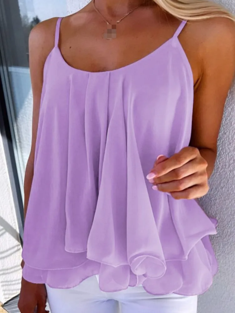

Summer Women New Loose-Fitting Vest Casual Scoop Neck Sweet Spaghetti Strap Chiffon Blouses Ladies Ruffle Hem Flowy Cami Top