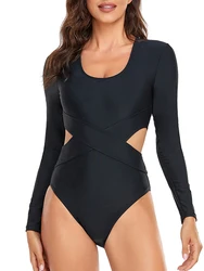 2022 costume da bagno nero da Surf costume intero a maniche lunghe con taglio cavo costumi da bagno donna Rash Guard abbigliamento subacqueo XXL