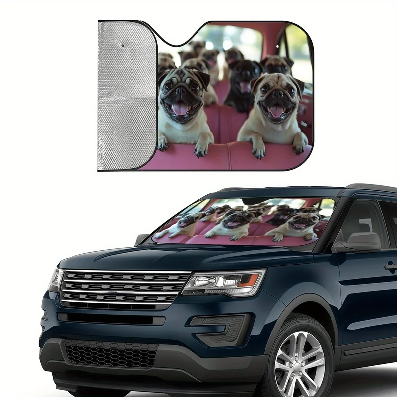Cute Pink Pug Dog Print Car Sunshade - Heat Insulation & Scratch-Resistant Fit for All Vehicles, Adorable Puppy Design Keeps